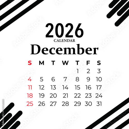 December 2026 calendar page with marked dates on white background