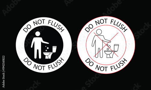Warning signs for toilet flushing rules in public restrooms