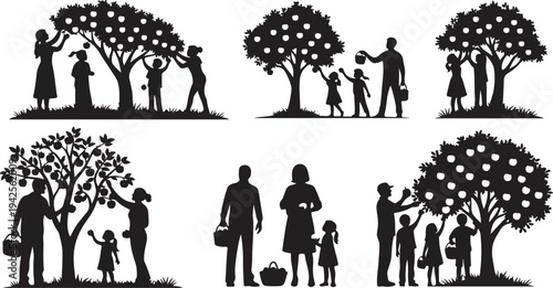 Black silhouettes of families picking fruit from trees in a park setting people