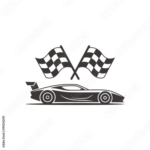 A black and white illustration depicting a race car with checkered flags