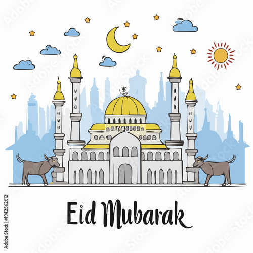 Eid Mubarak mosque illustration with crescent moon and stars.