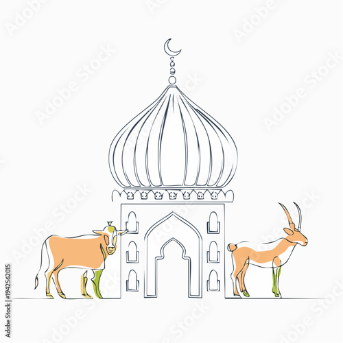 Islamic Mosque with Cow and Antelope Illustration.