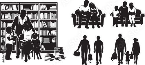 Black silhouettes of families reading books and walking with bags white