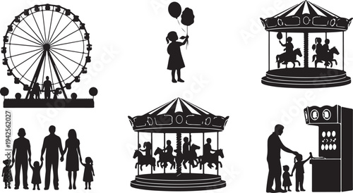 Black silhouettes of family enjoying amusement park rides and activities ferris wheel