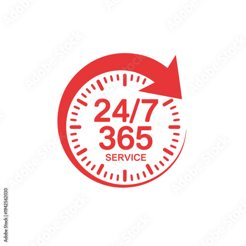 A red clock face displays 24 7 365 service indicating constant availability
