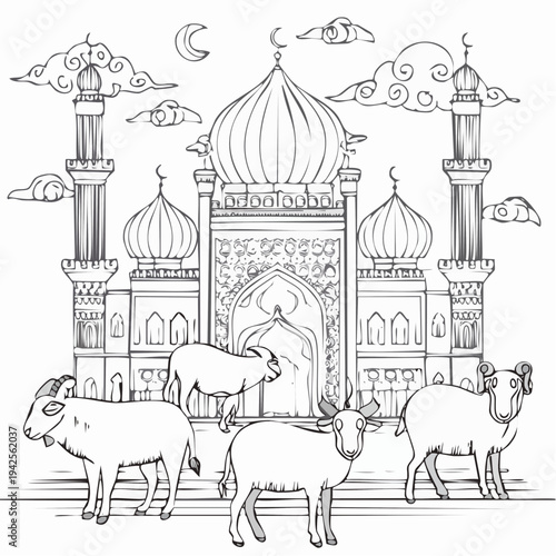 Islamic Mosque with Animals Eid al-Adha Sacrifice Illustration.