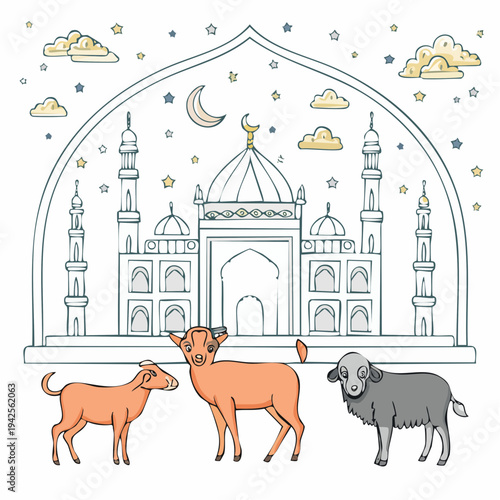 Illustration of animals in front of a mosque during Eid al-Adha.