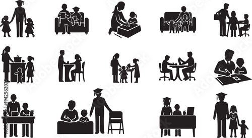 Black silhouettes of people in various family and educational activities children