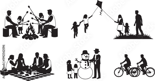 Family Activities Silhouettes Including Camping Cooking Kite Flying Picnic Snowman Biking