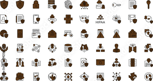 Data privacy and cybersecurity compliance icon set with encryption authentication cloud security regulations and protection symbols