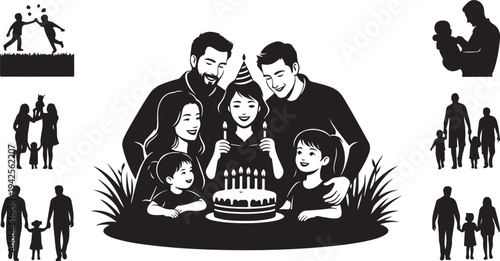 Family Celebrating Birthday with Cake and Candles in Silhouette Style celebration