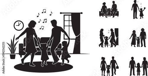 Family dancing together in a living room with musical notes and clock