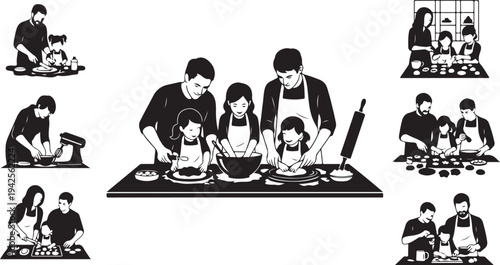 Family cooking together in a kitchen with various cooking activities parents children