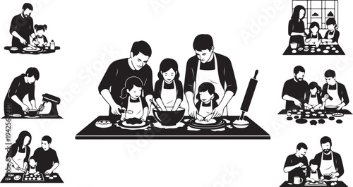 Family cooking together in a kitchen with various food preparation activities