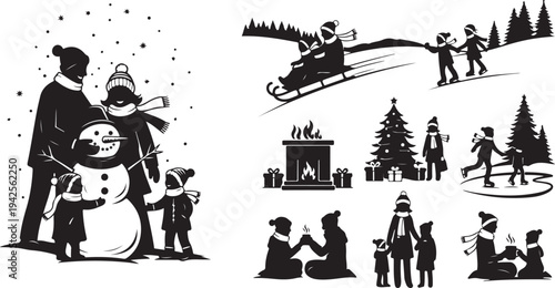 Family enjoying winter activities with snowman and festive decorations children adults