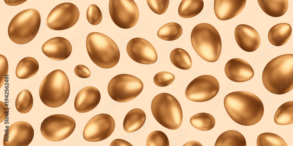 Obraz premium Easter background with 3d golden eggs. Seamless pattern with gold glossy elements. Vector illustration. Cartoon treasure backdrop.