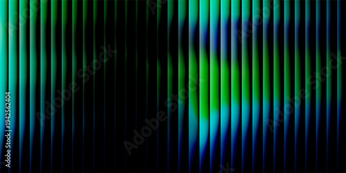 Reeded glass gradient surface, futuristic panel with vertical prism distortion. Dark abstract field infused with fractal texture in neon teal and green tones, vector illustratio