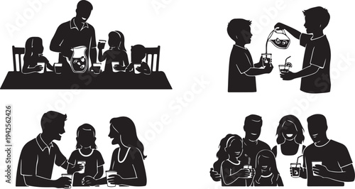 Silhouette family and friends enjoying drinks together in different settings glasses