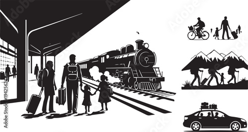 Family with luggage boarding a black steam train at a station with various travel