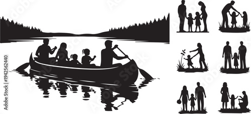 Silhouette of family rowing a boat in nature with other family activity scenes water