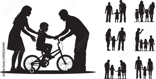 Silhouette of parents teaching child to ride bicycle with other family silhouettes