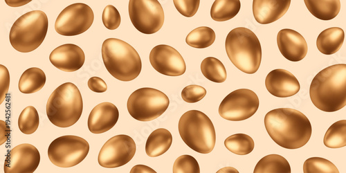 Easter background with 3d golden eggs. Seamless pattern with gold glossy elements. Vector illustration. Cartoon treasure backdrop.