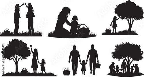 Silhouettes of families and children picking fruit under trees in a park setting