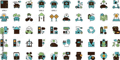 Electric vehicle charging and electromobility icon set with batteries stations cars renewable energy and smart transport symbols