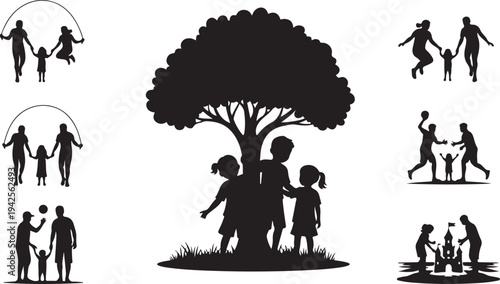 Silhouettes of families and children playing under a large tree outdoor