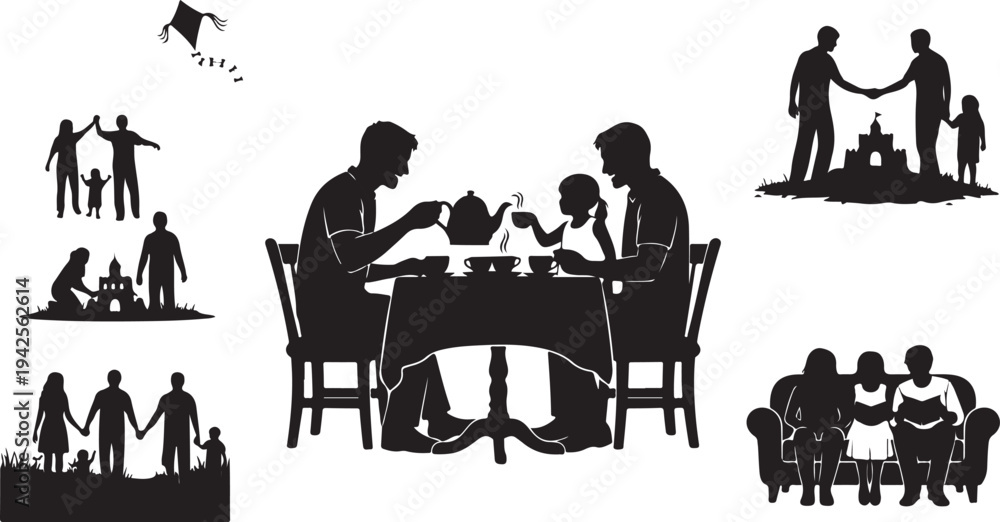 Fototapeta premium Silhouettes of families engaging in various activities together togetherness black and white