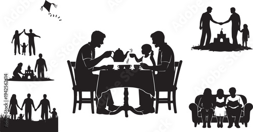 Silhouettes of families engaging in various activities together togetherness black and white