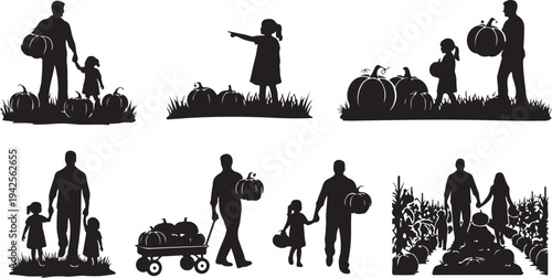 Silhouettes of families picking pumpkins in a field with children and adults carrying pumpkins