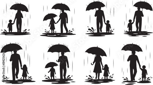 Silhouettes of Families Holding Umbrellas in the Rain family child