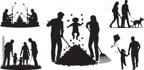 Silhouettes of family enjoying outdoor activities together camping