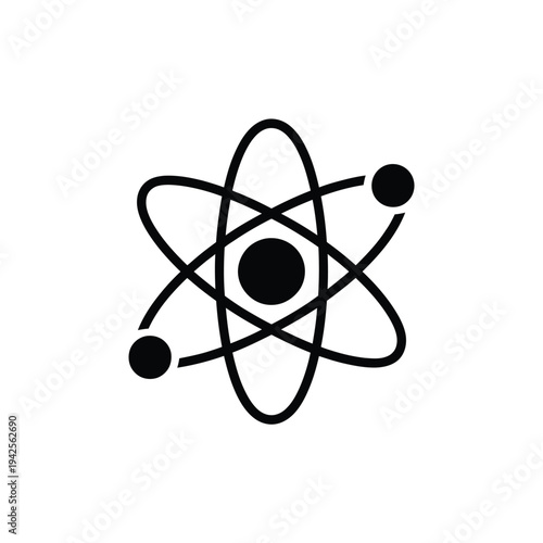 A simple black and white illustration depicting an atom model with electrons