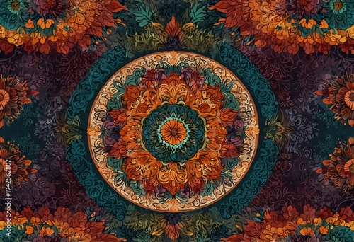 Elegant floral mandala pattern with vibrant colors, detailed petals, leafy ornaments, and harmonious circular symmetry