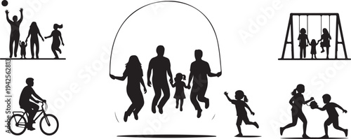 Silhouettes of people engaging in various outdoor activities and sports