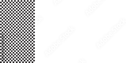 A striking black and white checkerboard pattern occupies the left side, sharply contrasting with the vast, empty white space on the right.
