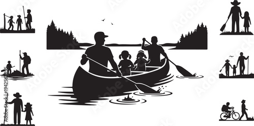 Silhouettes of people hiking camping and canoeing in nature