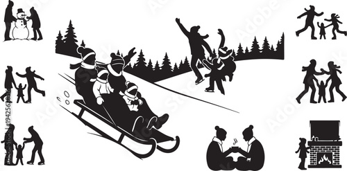 Silhouettes of people enjoying winter activities and cozy moments snow sledding children
