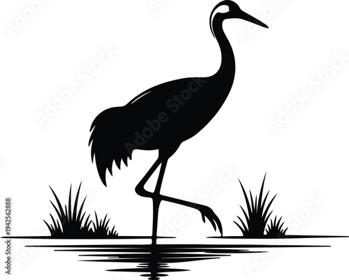 Silhouette of a crane walking through water vector design