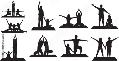 Silhouettes of People Practicing Yoga in Various Poses on a White Background