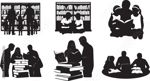Silhouettes of people reading and studying with books in a library setting