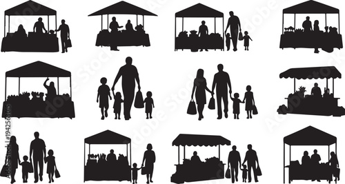 Silhouettes of people shopping at outdoor market stalls with tents and children