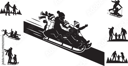 Silhouettes of people sledding and skiing on a snowy hill