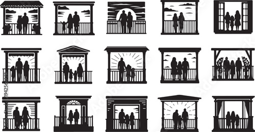Silhouettes of people standing on various balconies and doorways in black and white