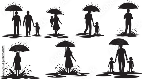 Silhouettes of people with umbrellas in the rain family