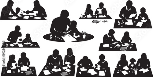 Silhouettes of people working and studying at desks with papers and office supplies