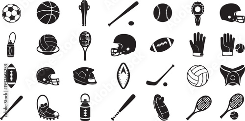 A collection of various sports equipment and protective gear icons. isolated on transparent background, Vector