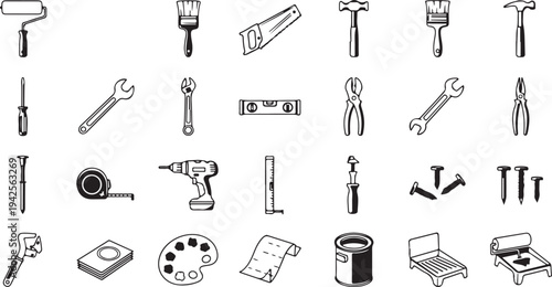 A comprehensive collection of various tools and equipment for different tasks isolated on transparent background, Vector